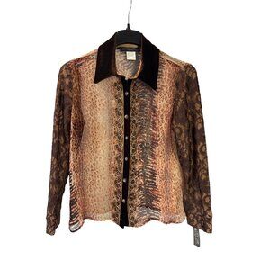 Y2K City Girl By Nancy Bolen Animal Print Sheer Button Front Top Velvet Collar L